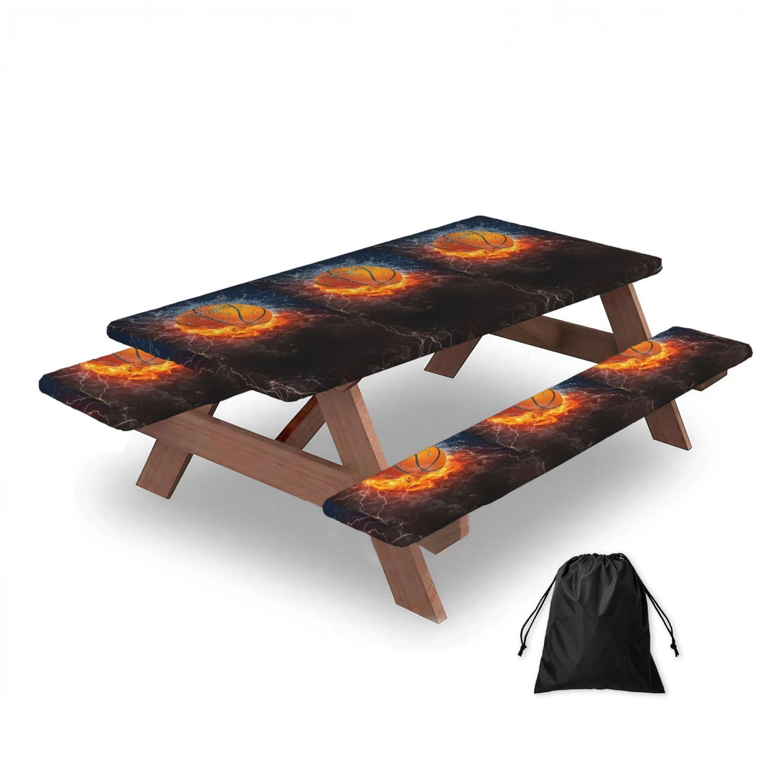 Basketball Ball On Fire And Water, Picnic Table Cover With Bench Covers -Waterproof Elastic Fitted Tablecloth for Garden Camping Patio 76x152cm
