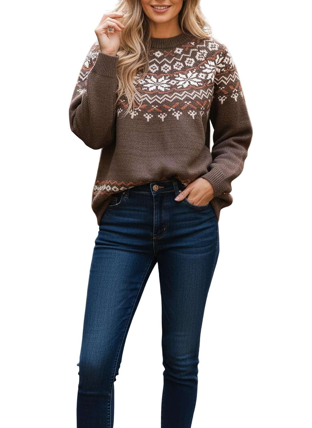 Womens Fair Isle Crew Neck Sweater Oversized Long Sleeve Nordic Pattern Cozy Fall Winter Knit Pullover Tops