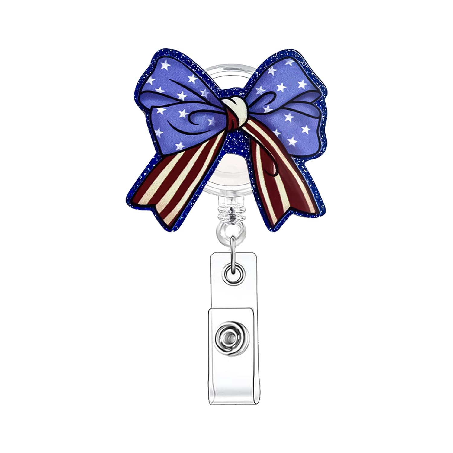 1 Pcs Nurse Badge Reels Independence Day Badge Reel Blue Glitter Badge Clips Retractable USA Flag Bow Designs ID Badge Holders Retractable for Medical