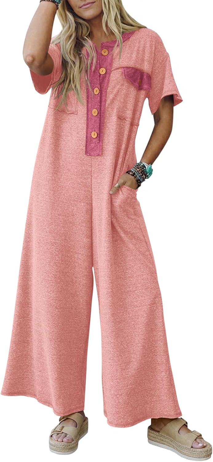 Fisoew Womens Casual Loose Jumpsuits Short Sleeve V-Neck Button Down One Piece Outfits Wide Leg Summer Long Pant Rompers