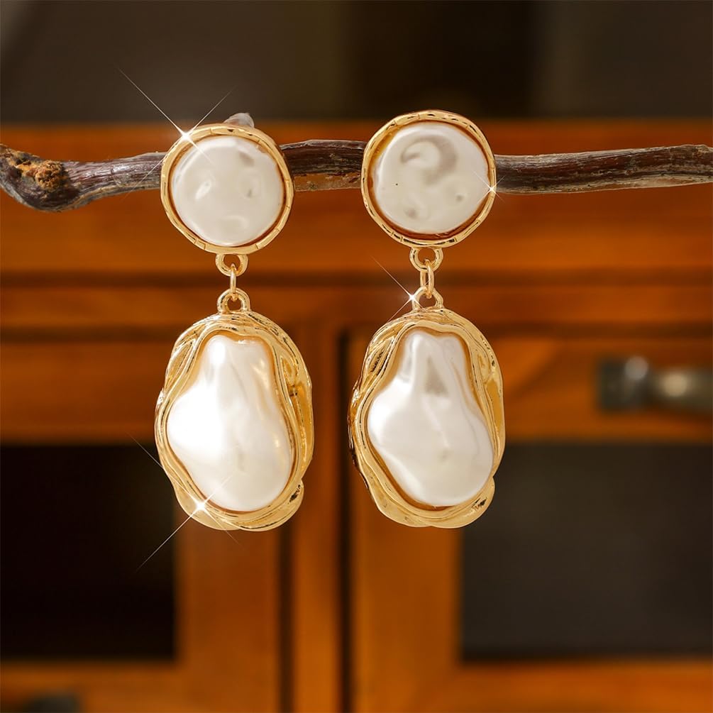Dainty Chunky Gold Irregular Pearl Drop Earrings Trendy, Vintage Statement Baroque Pearls Earring Dangling for Women Thick Prom Party Y2k Jewelry Gift - Image 4