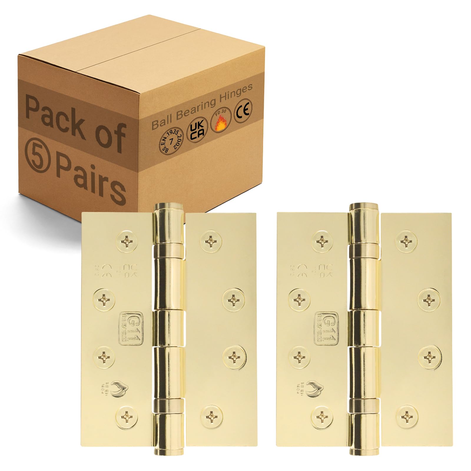 Eai Polished Brass Brass Door Hinges | 4 Inch / 102Mm Internal Fire Door Hinges | 5 Pairs