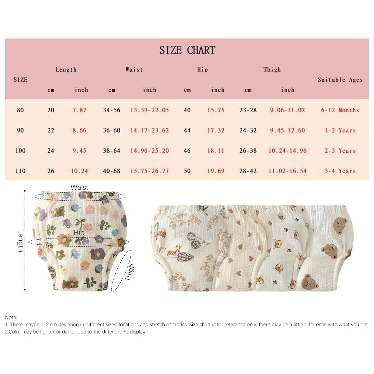 Culotte Apprentissage propreté Fille Garcon，Lot de 5 Coton rembourrées pour bébé propreté Enfant Doux Lavable, 6 Mois-3 Ans
