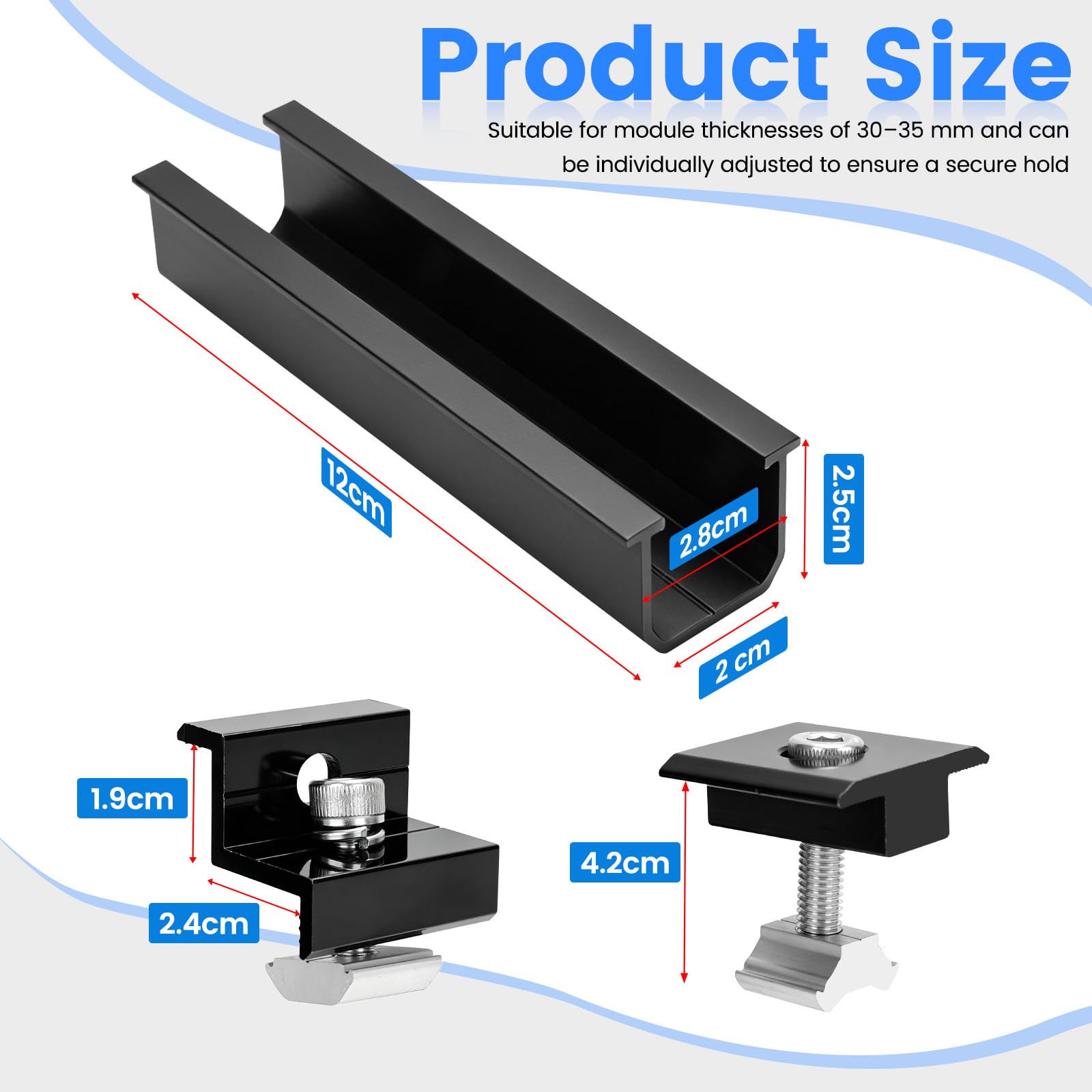 Kit de montage pour 4 panneaux solaires | Rail noir 12 cm + pince réglable | Rail noir 12cm+pince réglable pour épaisseur 30-35mm|Support aluminium pour toit plat, tôle trapézoïdale, toiture métallique