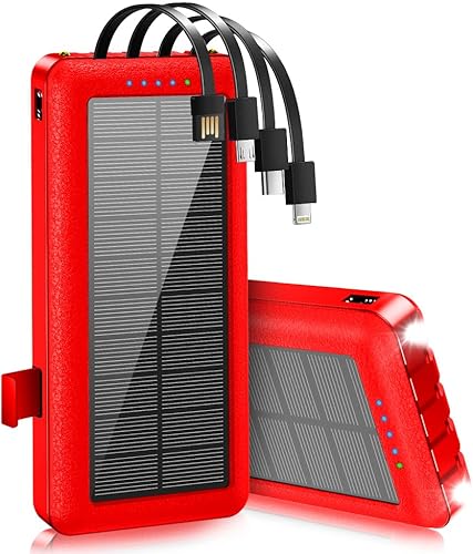 Portable Charger with Built in Cables Solar Power Bank 26800mAh Fast Charging with Phone Holder LED Flashlights External Battery Pack for iPhone Samsung