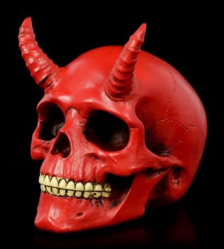 Figuren Shop GmbH Gothic Devil Skull with Horns - Red Demon Fantasy Scull Hand Painted H 9 cm