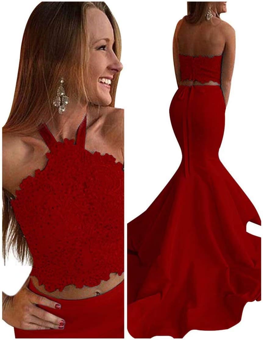 Women's 2018 Halter Two Pieces Lace Beading Mermaid Prom Dresses Red 6