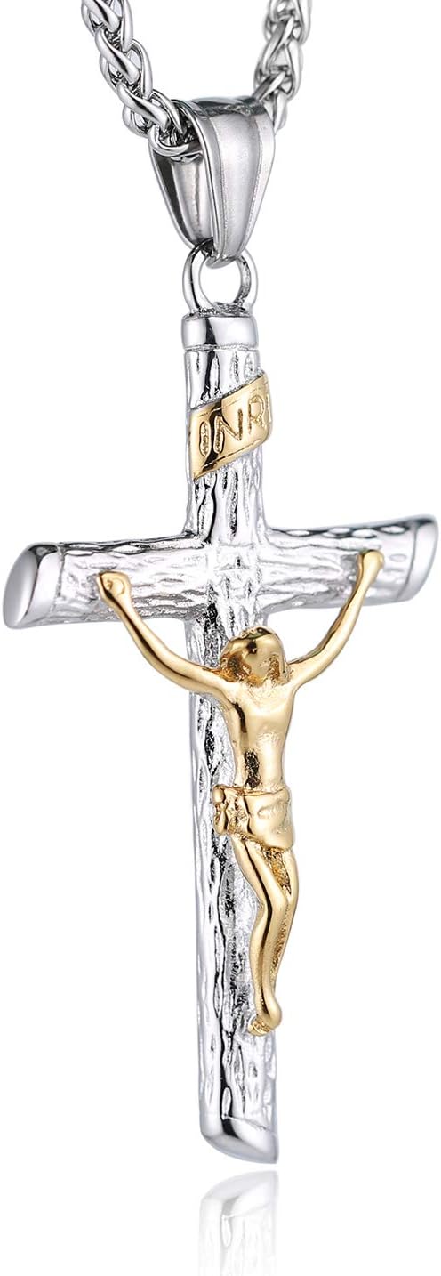 HZMAN Men Women Crucifix Cross Pendant Baptism Christian Jewelry Stainless Steel Jesus Necklace with 22+2“ Chain