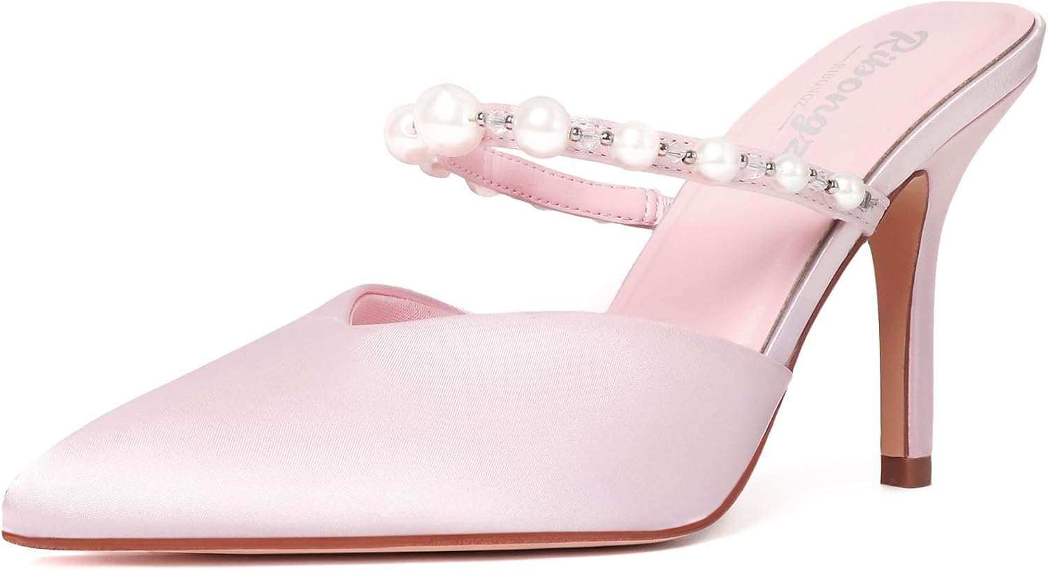 RINBONGZ Women's Pearl High Heels Pointed Closed Toe Wedding Shoes for Bride Stiletto Ankle Strap Satin Pumps Elegant Bridal Formal Party Evening Work Dress Shoes