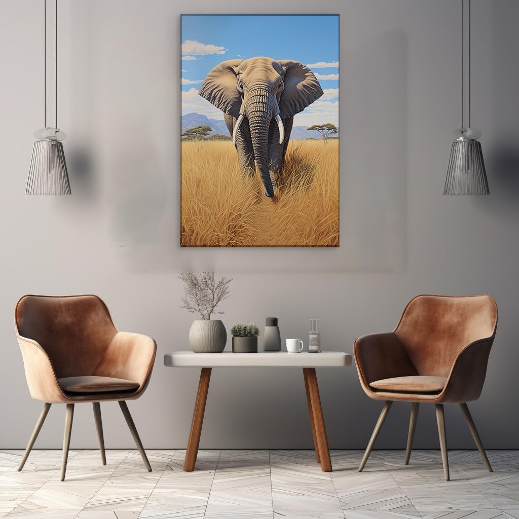 Canvas for Living Room. Majestic March of The African Elephant Against The Backdrop of Blue Mountains, 27 x 18 inch Canvas Wall Art - Contemporary Masterpieces - Modern Home Decor
