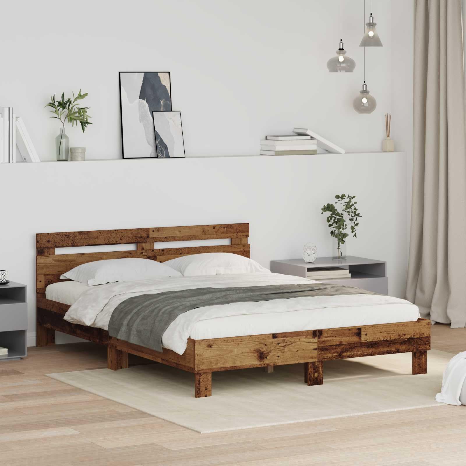 vidaXL Bed Frame with Headboard Old Wood 120 x 200 cm Engineered Wood, Modern Bed Frame, Rectangular, Durable Engineered Wood, Functional Headboard, Minimalist Style, Bedroom Essentials, Comfortable