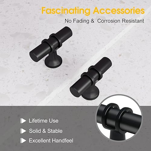 Miniatura 4 de Paquete de 10 tiradores en T de color negro mate, pomos de cajón de tocador de un solo agujero, pomos largos para armarios de cocina y baño, manijas