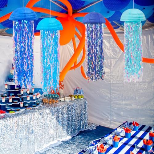 Image of Jellyfish Paper Lanterns Under The Sea Party Decorations Hanging Blue Jellyfish Lanterns for Baby Shark Mermaid Birthday Party Decorations Baby Shower Classroom Decor Pack of 4 Blue