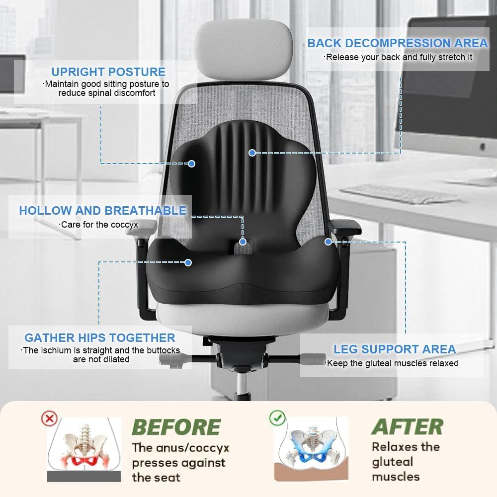 HoldOneLight Cuscino ergonomico in memory foam, per ufficio, auto, sedie da gioco e sala da pranzo, sollievo dal dolore da sciatica, coccige e coccige, supporto lombare e lombare, nero 03