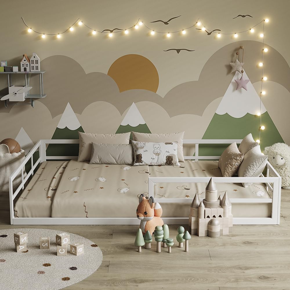 VitaliSpa Letto a pavimento Minno 140x200 cm, letto bambini Montessori in metallo con protezione anticaduta e materasso, bianco