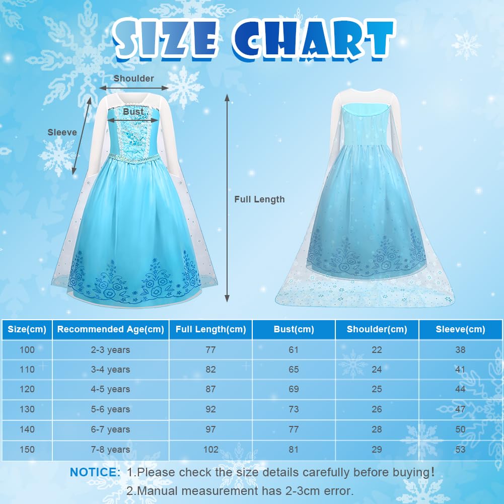 ACWOO Elsa Vestito Set, Costume Elsa Congelamento Bambina, Set da Principessa con Corona Bacchetta, Elsa Vestito Bambina per la Halloween Natale Cosplay Party Compleanno Vestito Fantasia