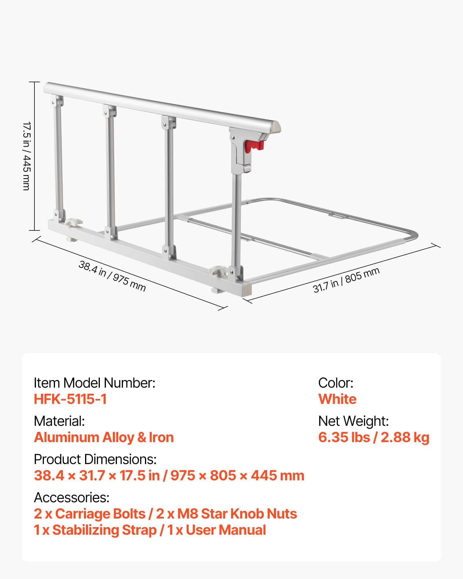 VEVOR Sponda Letto Pieghevole per Anziani, Sponda di Supporto per il Letto da 97 cm in Metallo con Cinghia di Fissaggio, Bastone da Comodino con Tubo Regolabile in Altezza, King, Queen