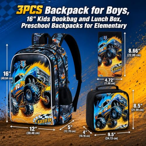 Image of Truck backpack, 16 inch Boys Cars Kids Bookbag with Lunch Box, 3Pcs School Backpacks for Elementary Preschool Kindergarten (Black)