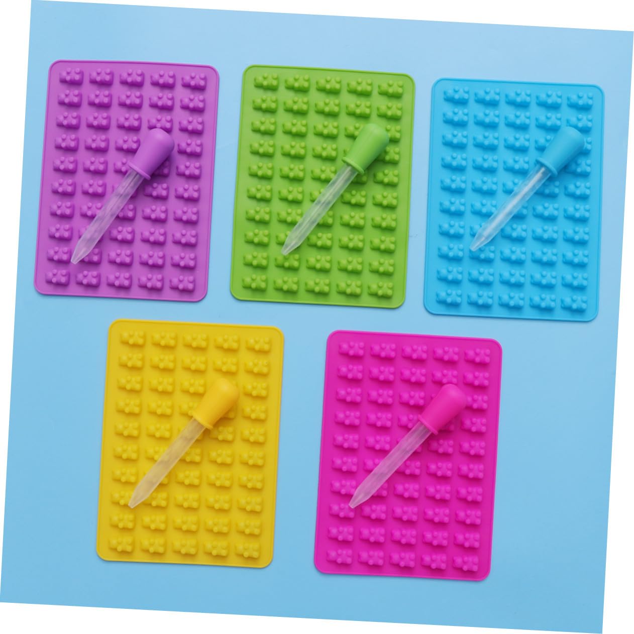 VALICLUD 5 set Stampi in Silicone Orsetti Mini Cavità con Contagocce per Caramelle Gommose Cioccolatini e Dolcetti Facile da Usare e Pulire Azzurro Verde Rosa e Giallo