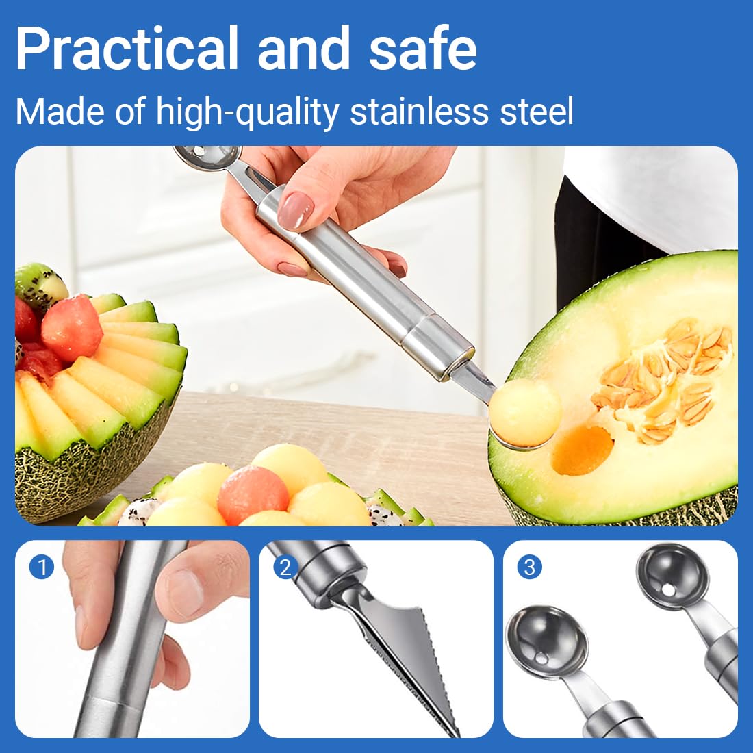 Cuillère de Melon en Acier Inoxydable 2 Pièces Outil à Découper les Fruits