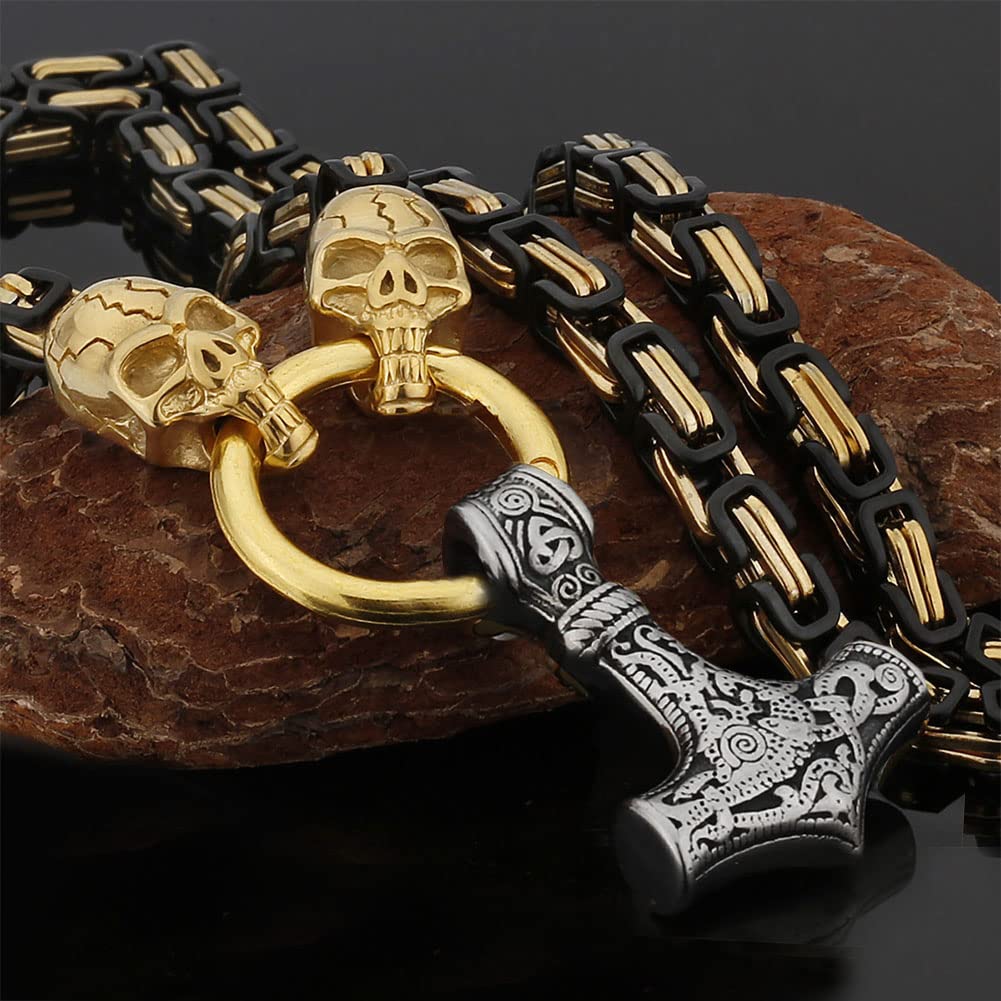 Herren Königskette Thors Hammer Anhänger Halskette, Nordische Mythologie Massiver Edelstahl Mjölnir Fenris Wolfskopf Halskette Wikinger Retro Amulett Rune Schmuck Geschenk
