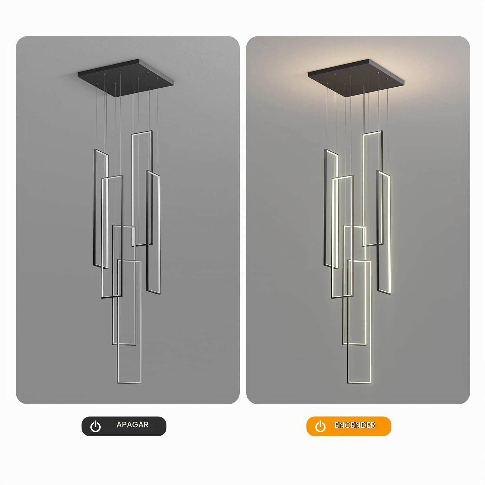 Qcyuui Lámpara de Techo LED Moderna Suspendida para Escaleras, 6 Luces Regulables, Plafón para Entrada de Chalet, Escaleras y Salones, Rectangular 90W con Mando a Distancia | Lámpara colgante rectangular con mando a distancia para villa, entrada, escalera