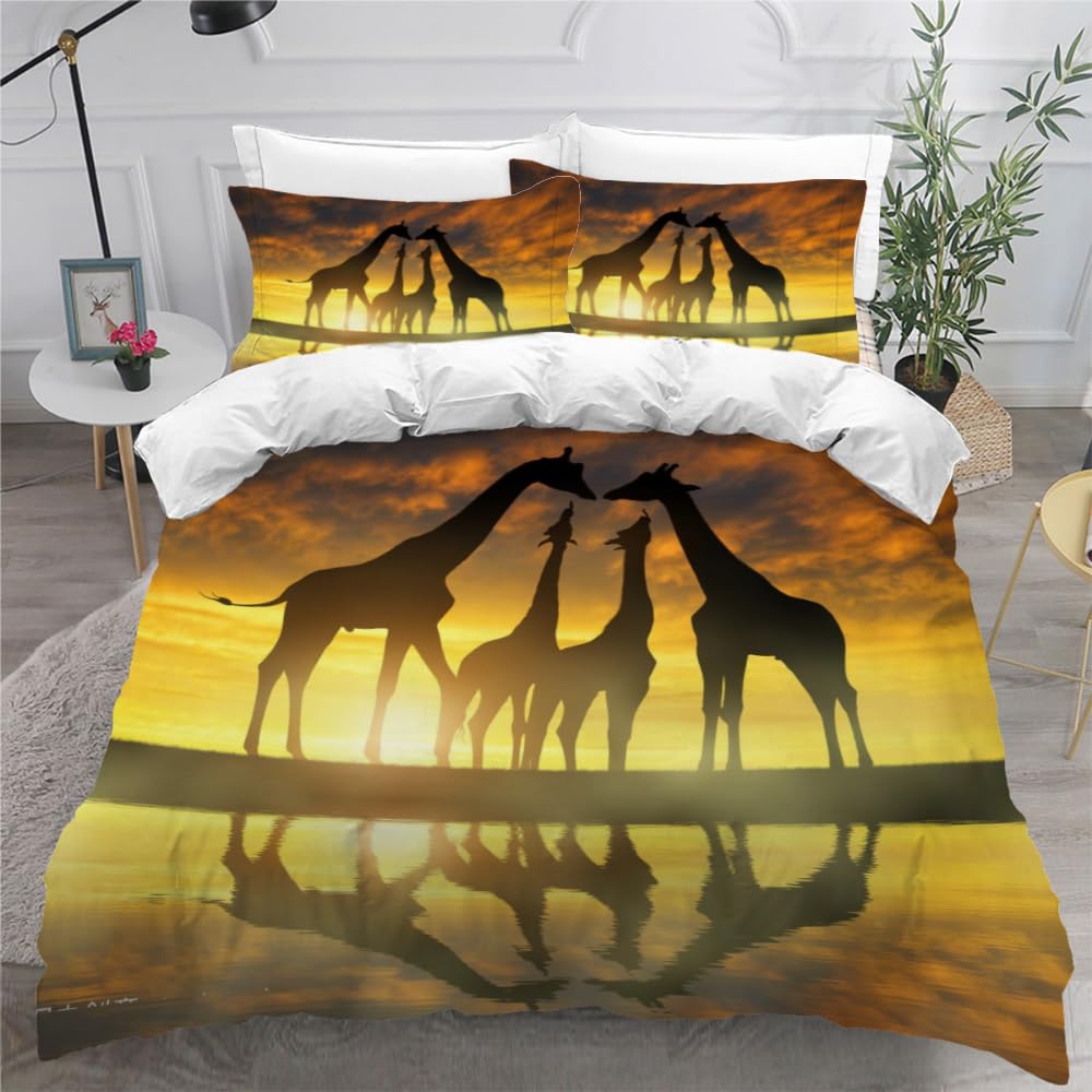 MEVASA Single Bed Kids Bedding Giraffe Duvet Cover Set Kids Girls Teens Boys Single Bedding Sunset Animals Fluffy Microfiber Hypoallergenic Single Duvet Cover 3 Pieces /135x200