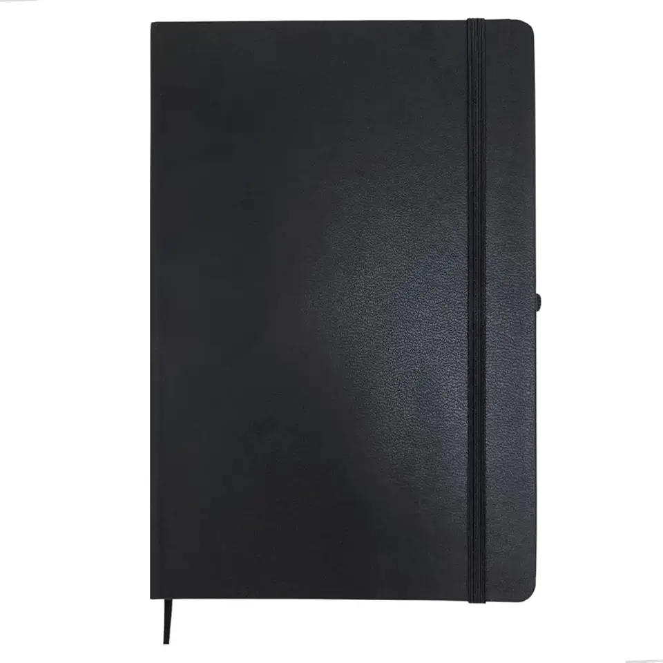 Caderneta A5 Tipo Moleskine Executiva, Capa em Couro Sintético Premium, com Elástico para Fechar, Fita Marca Páginas e Porta Caneta (Preto com Pauta)