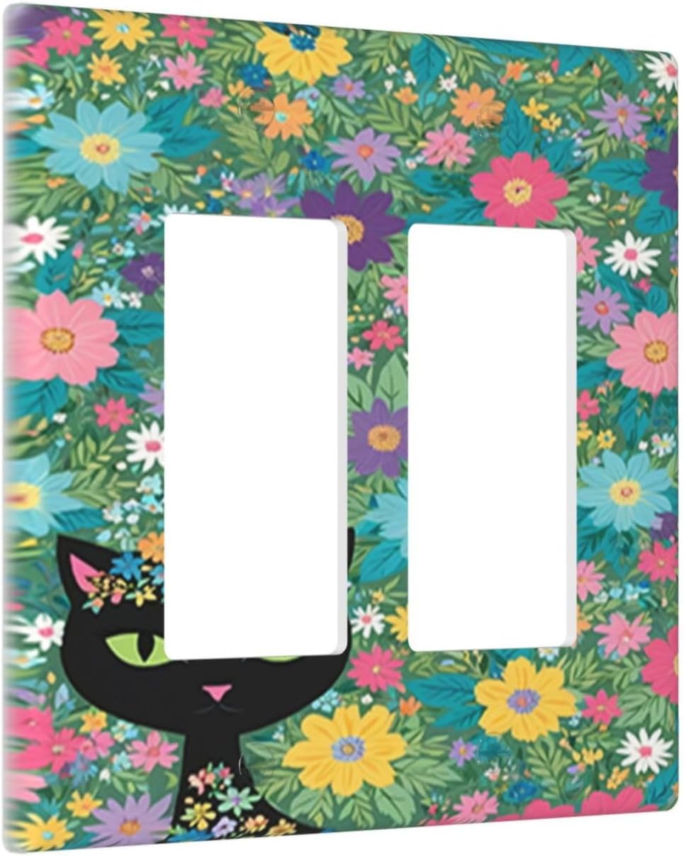 Decorative Outlet Covers Funny Black Cat in the Colorful Flowers 2 Gang Wall Plate Double Rocker Two Switch Wall Cover Plate Jumbo Dual Electrical GFCI Face Plate for Bedroom Home Decor image 2