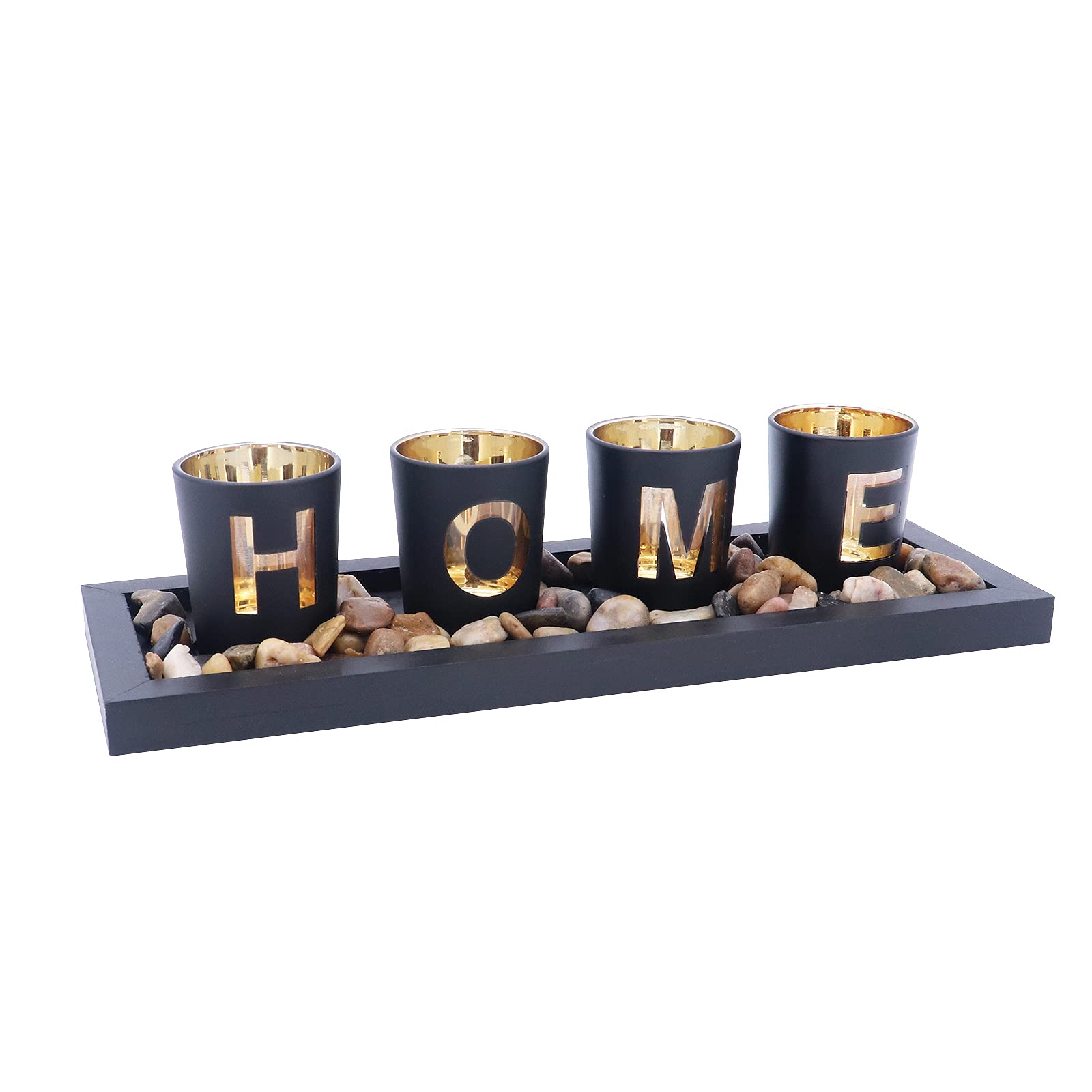 Set portacandele, include 4 bicchieri in vetro, pietre naturali e vassoio in legno per decorazioni da tavola per la casa (Home)