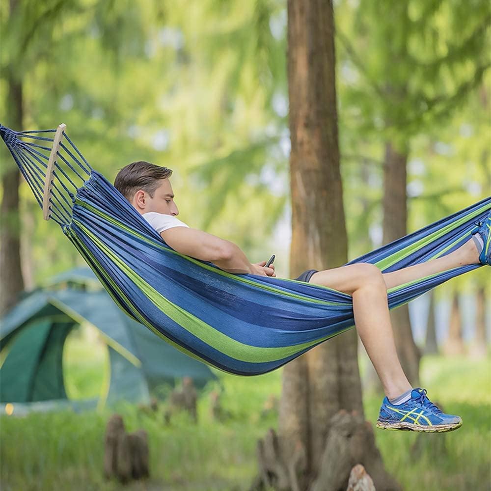 Hamaca Doble De Algodón 280x160 Cm – Capacidad 300 Kg, Con Barra, Cuerdas, Mosquetones Y Correas, Portátil, Ideal Para Jardín, Camping, Playa O Interior