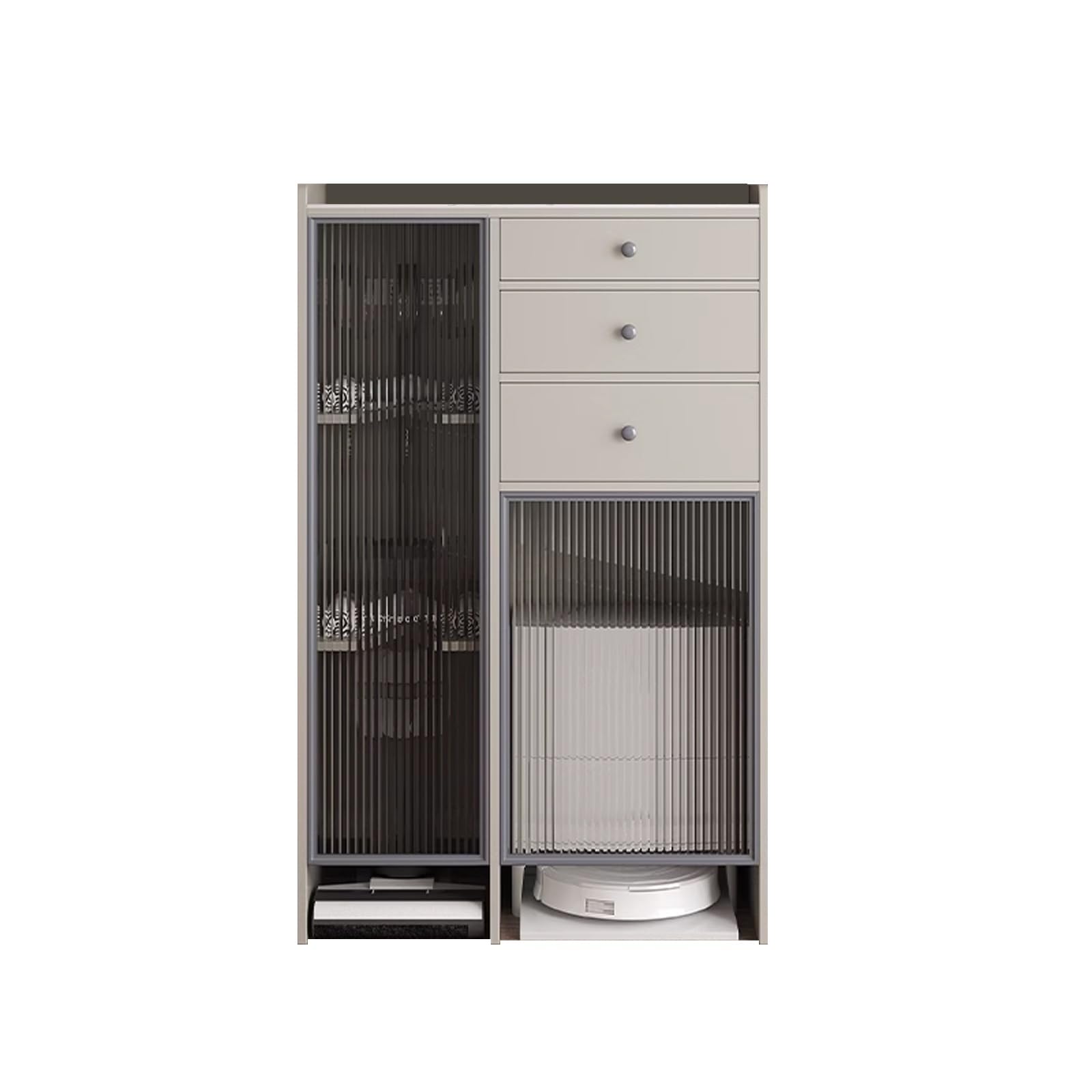 Tall Cabinet for Robot Vacuum Cleaner and Mop, Automatic Empty Organizer with Doors and Drawers, Elegant Sideboard for Home Office (Grey)