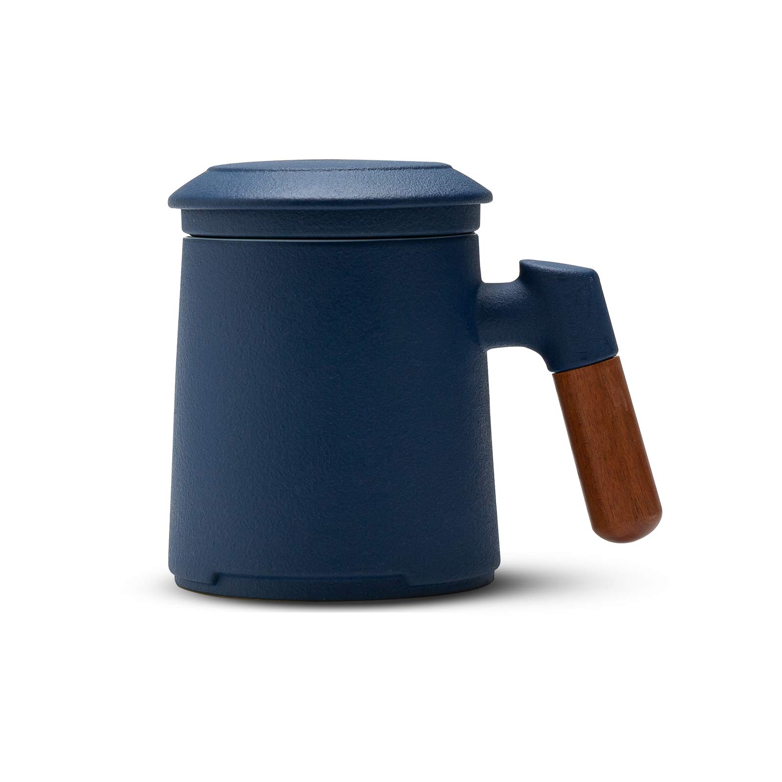 ZENS Tea Mug with Infuser and Lid for Loose Leaf Tea Steeper, 12oz Blue | Embossed Ceramic Tea Cup with Infuser for Herbal Tea Difussers, Tea Lovers Gifts, Nature Wood Handle