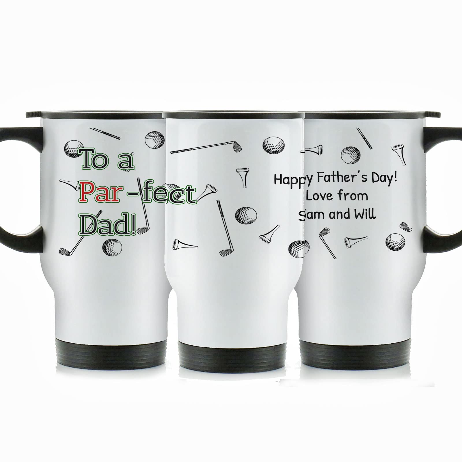 Hairyworm Personalised Travel Mug, 400ml White Stainless Steel Travel Mug with Handle, Customised with Text, 'to a Par-FECT Dad' Golf Clubs and Ball Design Print — image 1