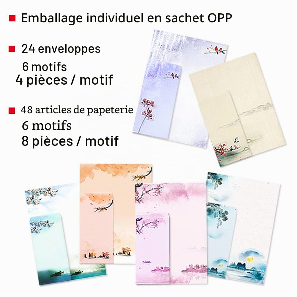 Papier à Lettre Japonais 48 Feuilles 24 Enveloppes Auto-adhésives 6 Assortis pour Imprimante