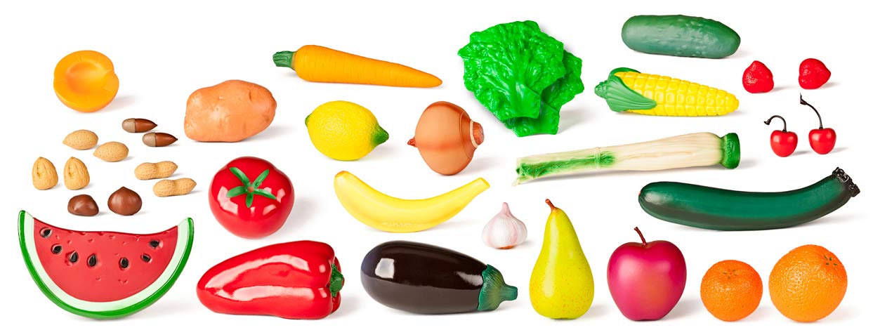 Miniland - Contenedor con Frutas y hortalizas de Juguete.