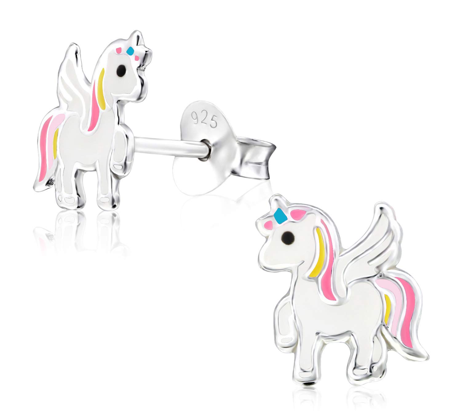 Laimons Pendientes infantiles para niñas, diseño de unicornio, color blanco, rosa, amarillo, plata de ley 925, Plata, Sin piedra.