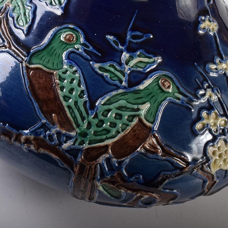 中国　景徳鎮製　藍釉法花花鳥文瓶　唐木台・箱付　V　8055C 中国 景徳鎮製 藍釉法花花鳥文瓶 唐木台・箱付