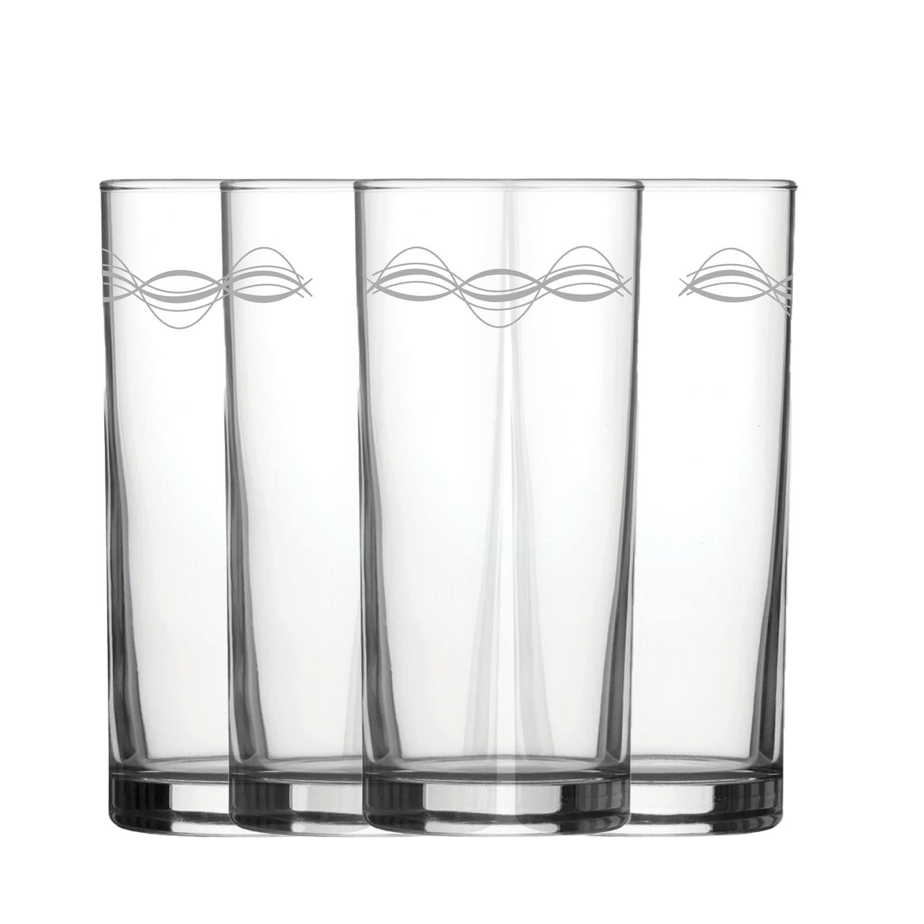 Engraved Waves Patterned Hiball, Set of Four 12oz/340ml Water and Cocktail Glasses, Laser Engraved in The UK, Gift for Him or Her, Birthday Gift, House Warming Gift
