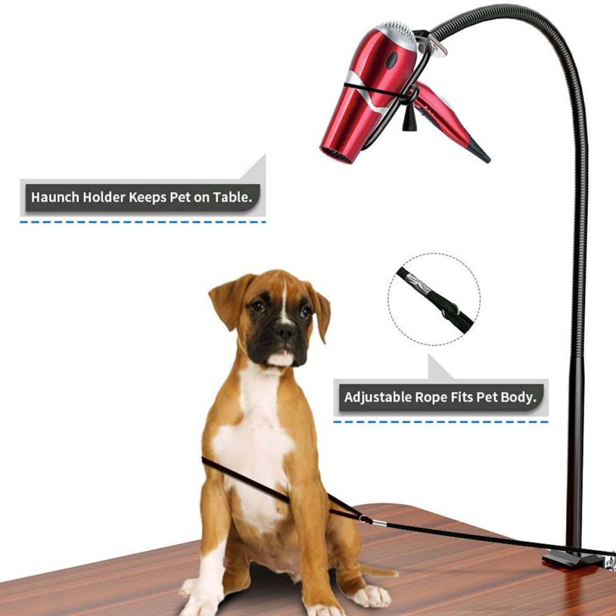 Soporte para Secador de Pelo de Encimera Negro de Acero Inoxidable Diseño Resistente y Ahorro de Espacio para Escritorio en Aseo de Mascotas