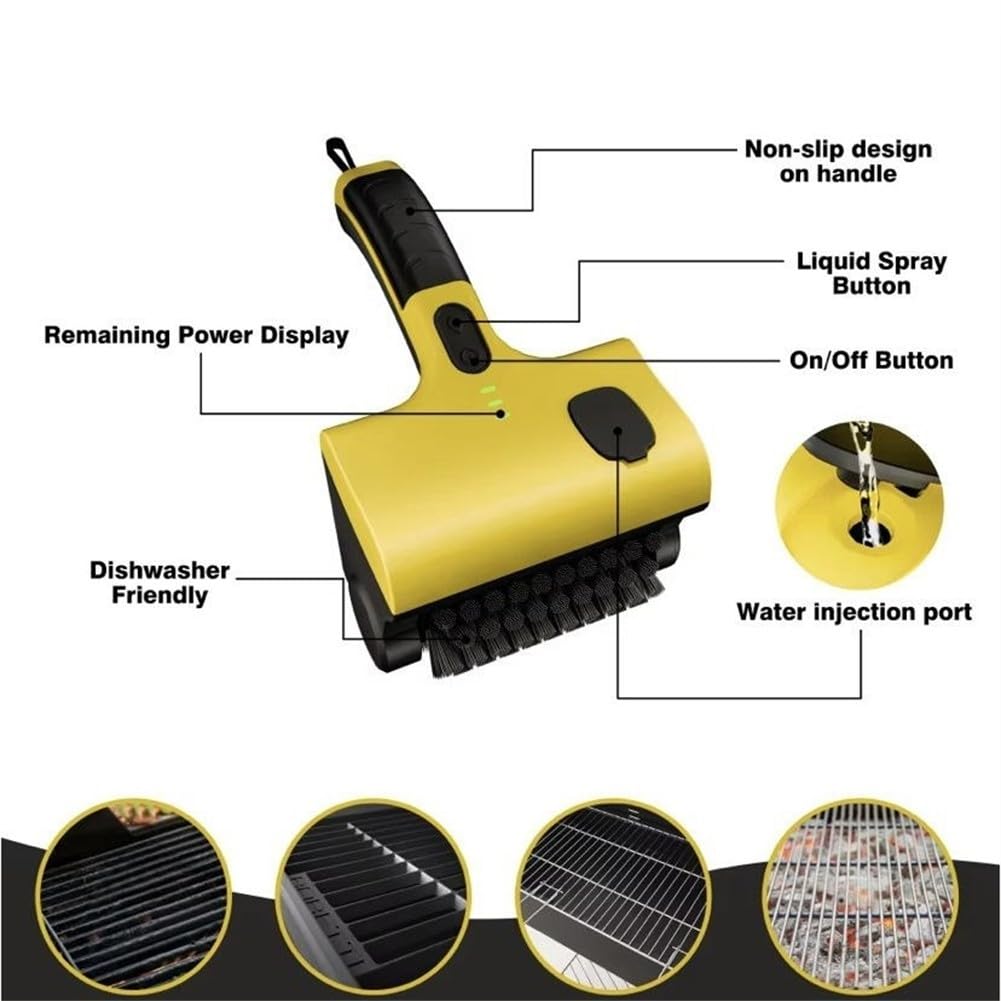 Pulitore elettrico per barbecue ricaricabile per pulizia esterna per piastrelle in pietra - Spazzola resistente con ricarica USB, 25 x 14 cm, giallo
