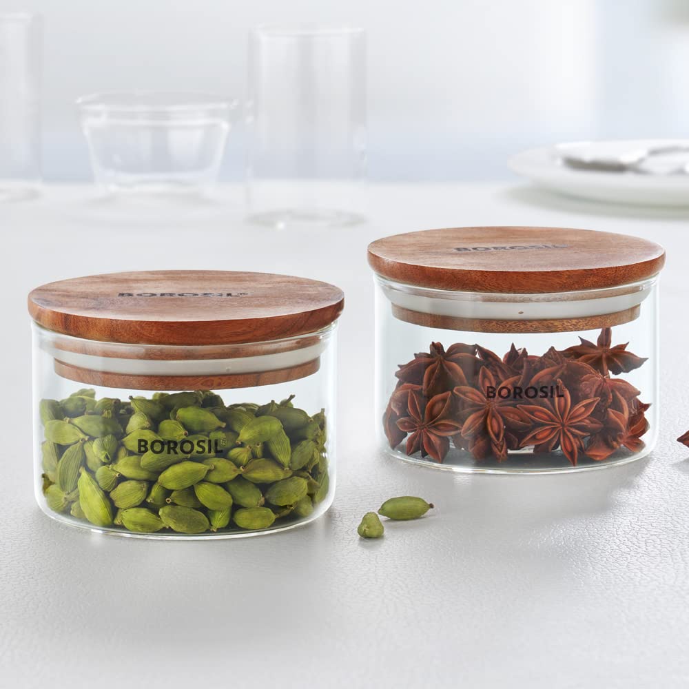 Buy Borosil Classic Storage Jars Set of 2 (300 ml Each) with Wooden Lid