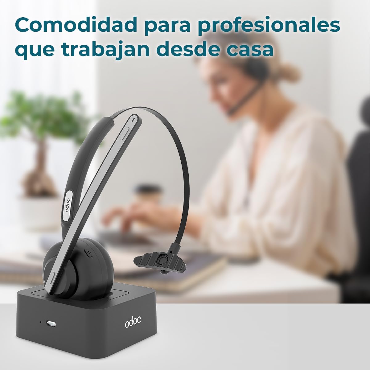 ADOC BT01 Auriculares Bluetooth Monoaurales con Micrófono Giro 270 Grados, Cancelador de Ruido, Diadema Ajustable, Tecla multifunción, Batería Duradera. Uso por Ambos Lados (Oreja Derecha/Izquierda).