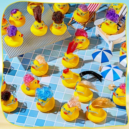 VercanMonth 24 Pcs Rubber Cruise Ducks Bath Toys with Wig and Blue Flower Sunglasses, Tiny Ducks Funny Rubber Toys Bulk for Bath Shower Birthday Gifts Spring Summer Pool Cruise Party Favors, Random