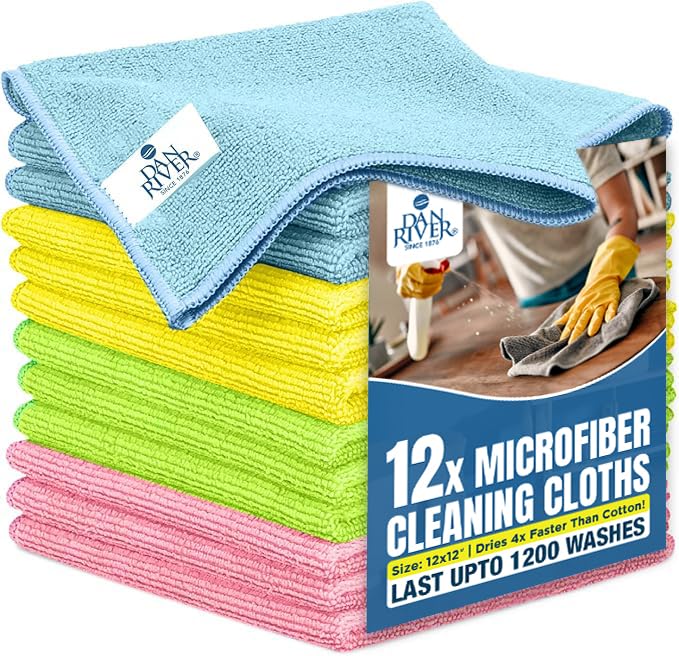 DAN RIVER 12-Pack Microfiber Towels – Ultra Absorbent, Lint-Free &amp; Streak-Free dishwashing Rags for Home, Car &amp; Kitchen - Must-Have Cleaning Essentials - 12" x 12" - Assorted