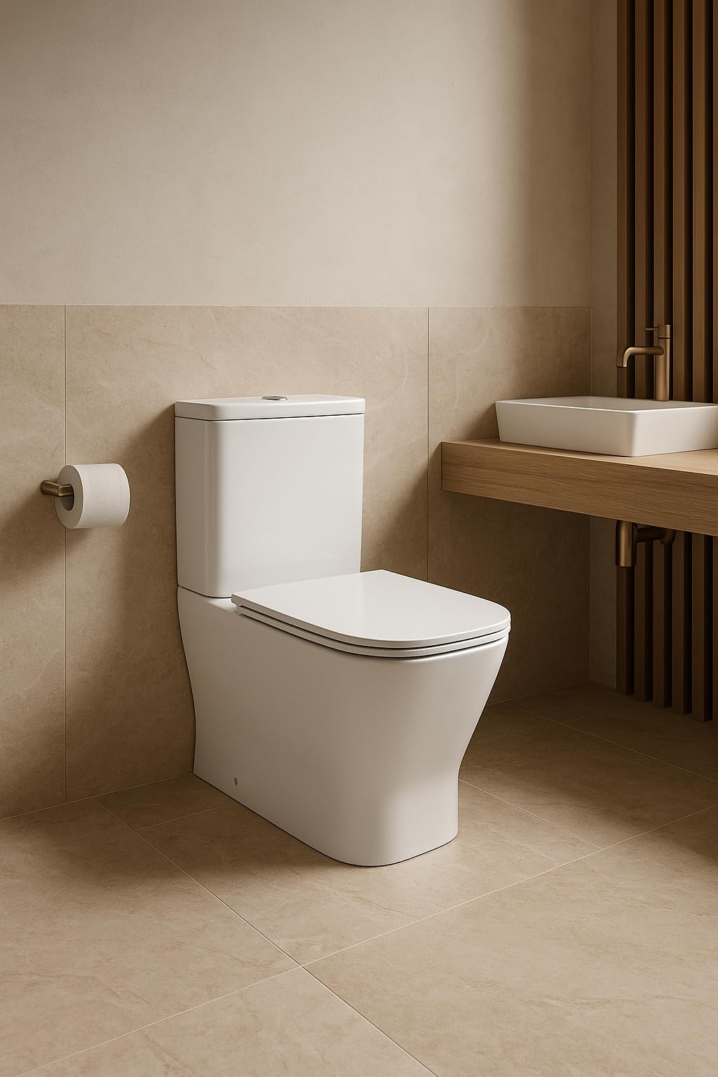 Novo bath - Inodoro Compacto Rimless Serie Mónaco – Estilo Tipo The Gap, Doble Descarga 3/6L, Salida Dual, Asiento UF Soft Close, Cisterna Incluida, Esmalte Antibacterias, Pegado a Pared