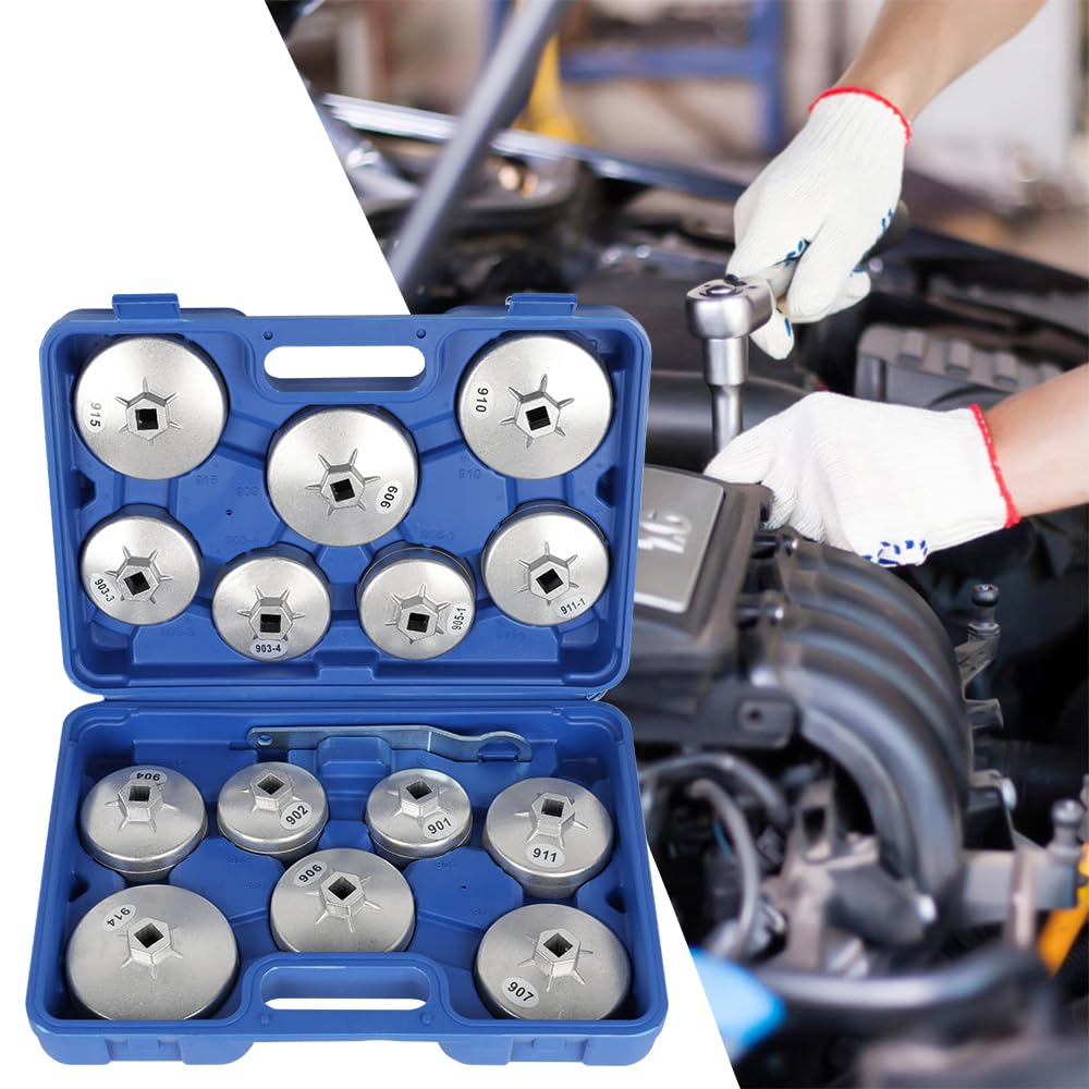 Juego De 15 Piezas Llaves Vaso Para Filtros Aceite Y Tapones Coche, Kit Herramientas Para Extraer Entrada 1/2" (12,5 Mm) Filtro de aceite
