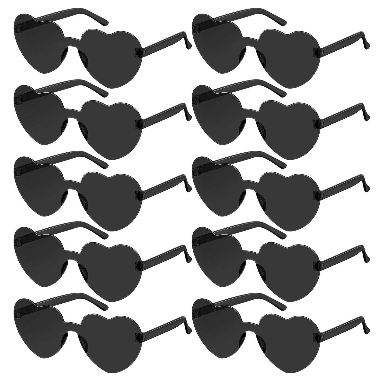 SelfTek 10 Pcs Black Heart Glasses Rimless Heart Sunglasses Colored Love Party Glasses Multipack Transparent Colorful Fashion Funky Eyewear for Women Men