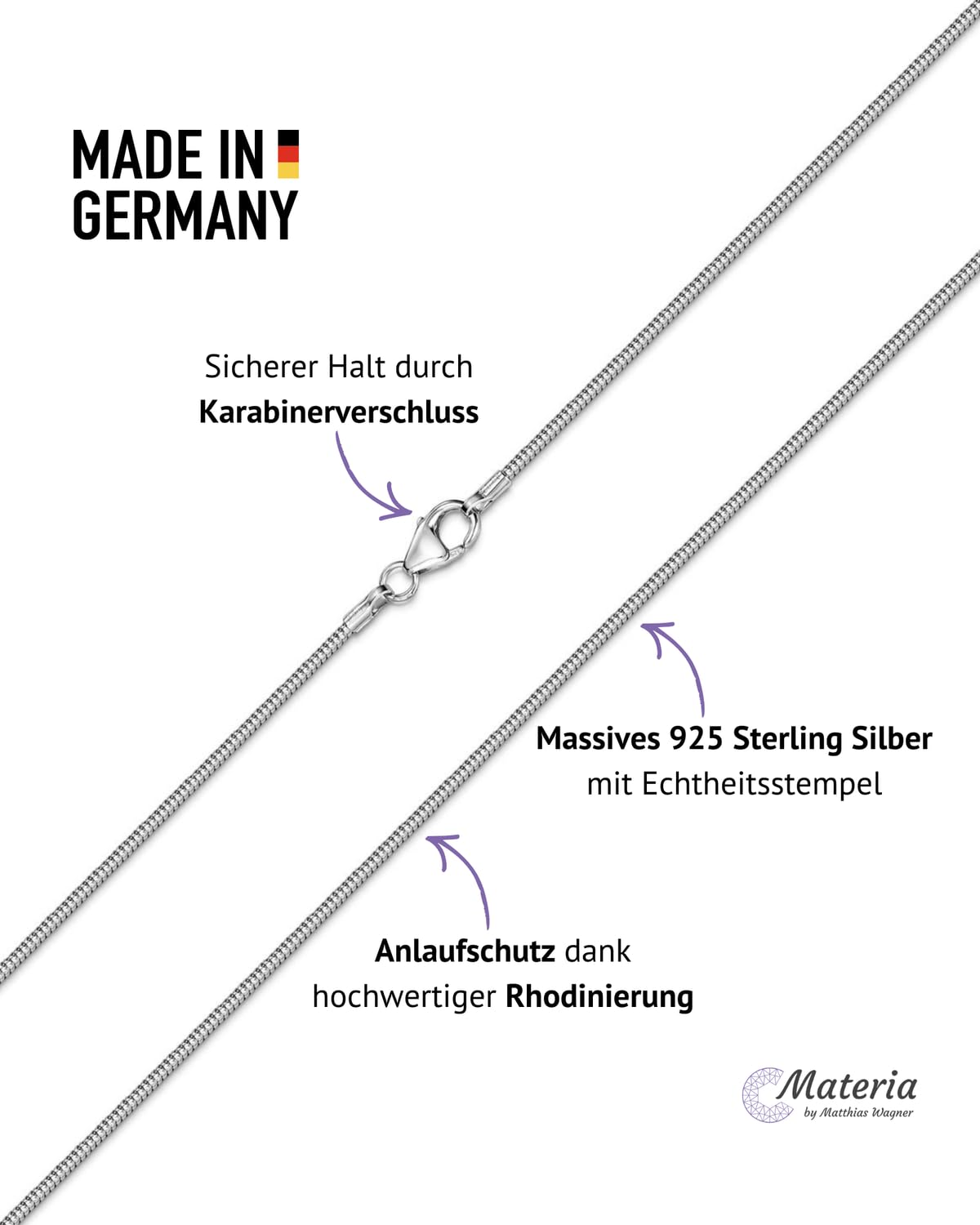 Damen Schlangenkette Silber 925 - Feine Halskette 1,2mm rhodiniert K22 | Zarte Silberkette aus hautfreundlichem 925 Sterling Silber für Frauen und Mädchen in 40-120cm von MATERIA by Matthias Wagner