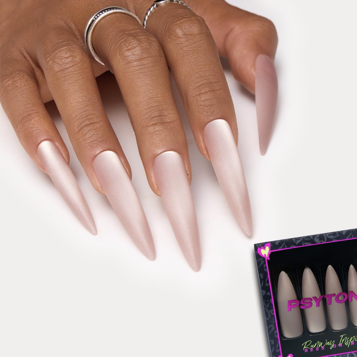 PSYTONE Matte Cat Eye Extra Long Stiletto Press On Nails|15 Sizes - 30 Nail, Frosted Nude Pink Reusable Fake Nails Kit with Glue & Tools, Velvet Matt